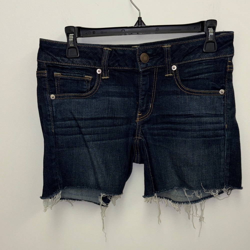 Dark Wash Frayed Hem Denim Shorts